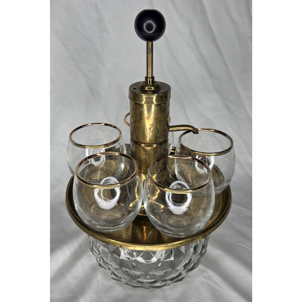Vintage Park Sherman MCM Brass/Glass Liquor Decanter With Tray & 5 Glasses 1960s